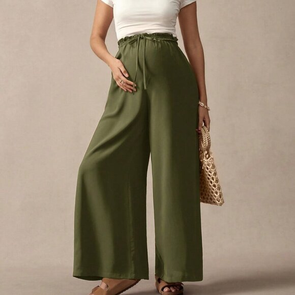 Maternity Army Green Casual Women's Bow detailed Wide Leg Loose Pants - Picture 1 of 7
